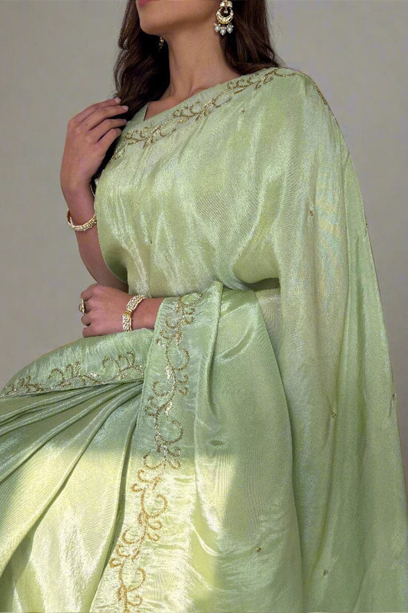 Glowing 1-Minute Ready To Wear Pista Malai Satin Silk Saree