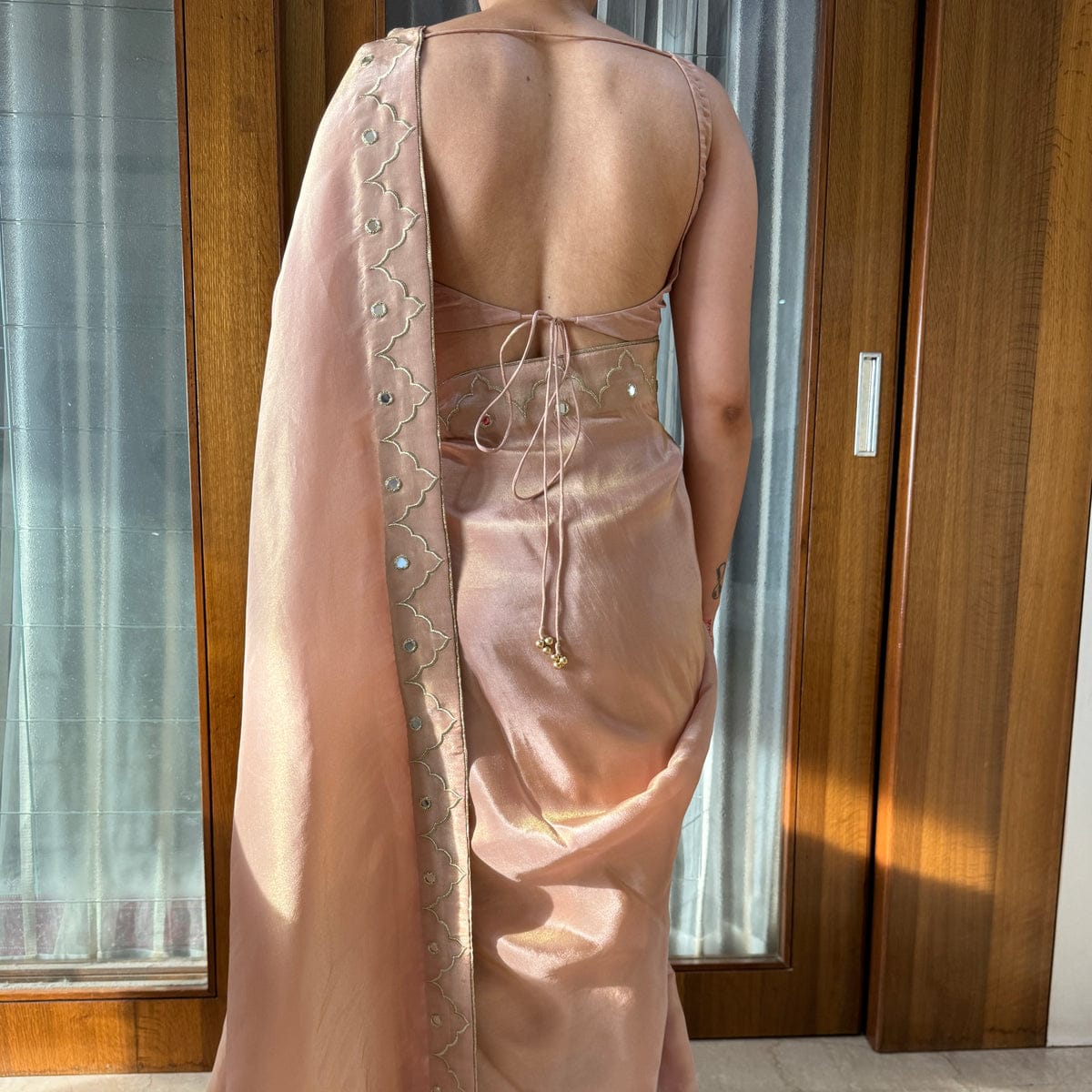 Demure 1-Minute Ready To Wear Peach Malai Satin Silk Saree