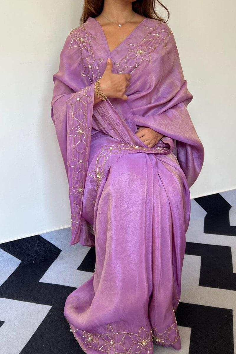 Imaginative 1-Minute Ready To Wear Lavender Malai Satin Silk Saree