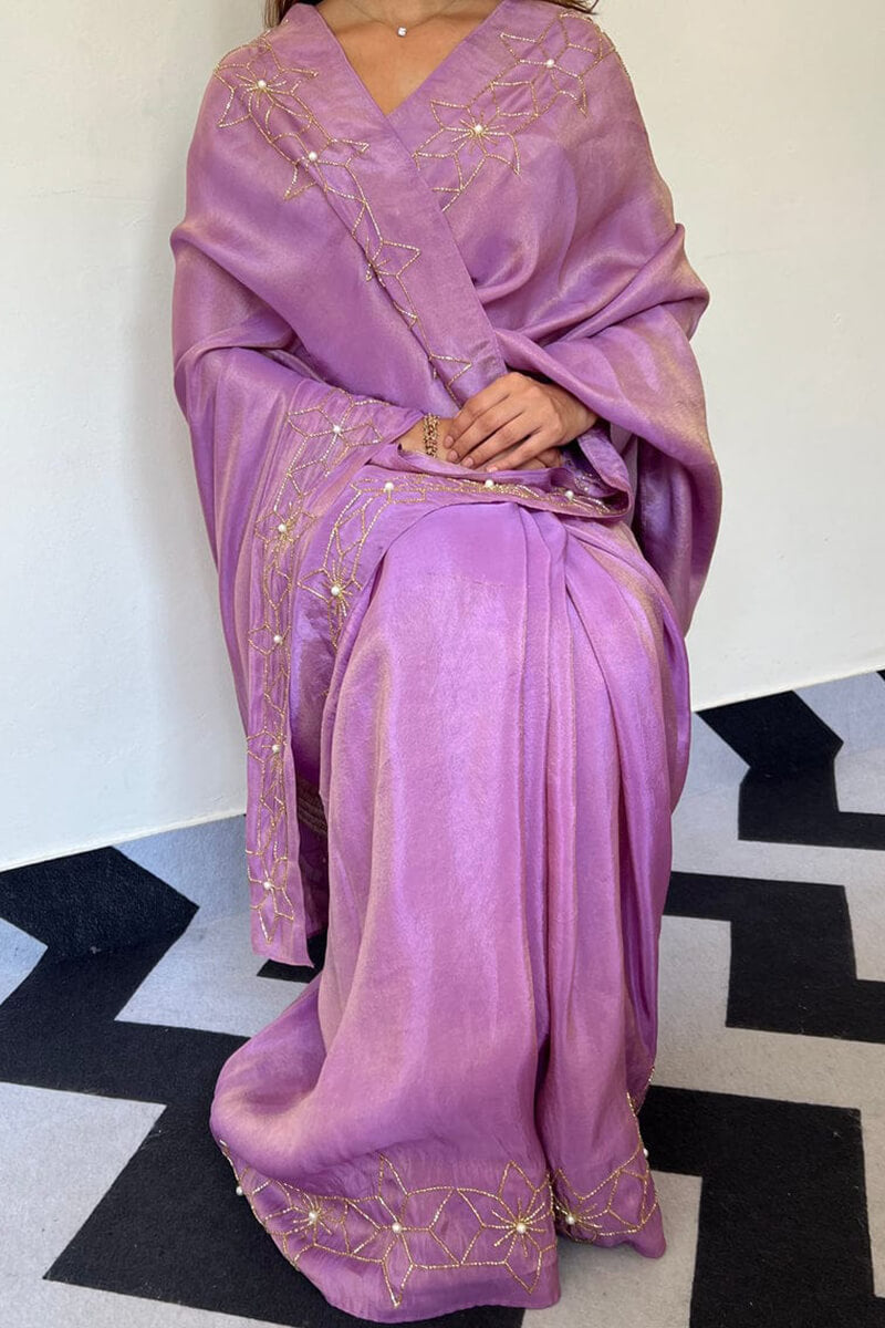 Imaginative 1-Minute Ready To Wear Lavender Malai Satin Silk Saree