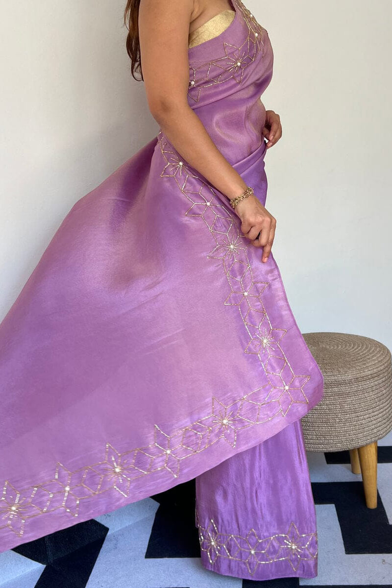 Imaginative 1-Minute Ready To Wear Lavender Malai Satin Silk Saree