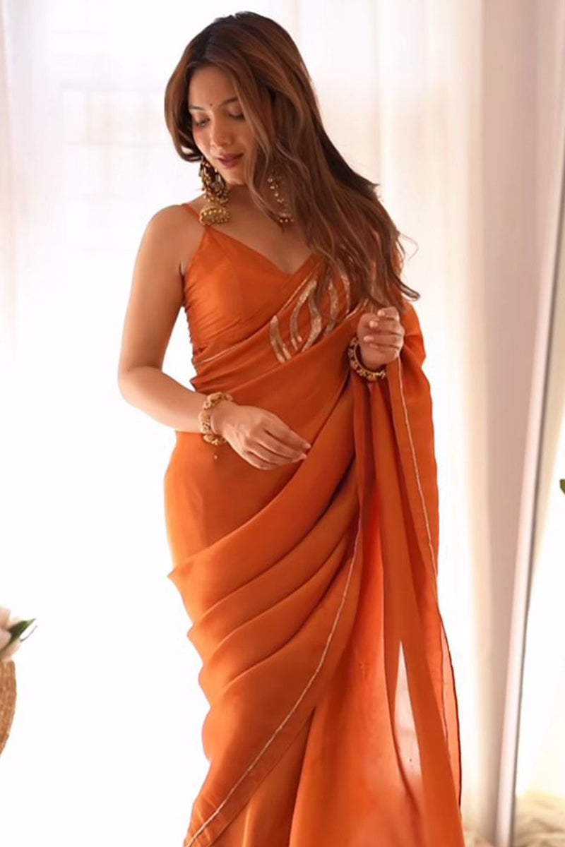 Supernal 1-Minute Ready To Wear Orange Malai Satin Silk Saree