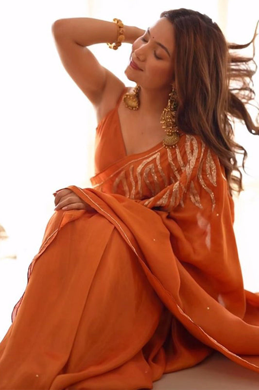 Supernal 1-Minute Ready To Wear Orange Malai Satin Silk Saree