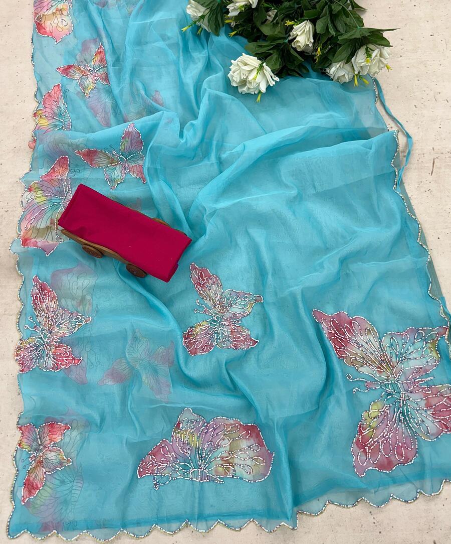 Exuberant 1-Minute Ready To Wear Firozi Organza Silk Saree