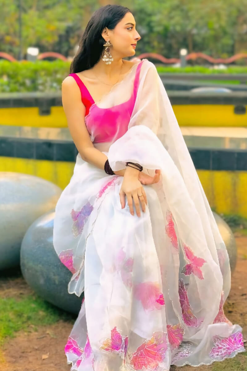 Posh 1-Minute Ready To Wear Off White Organza Silk Saree