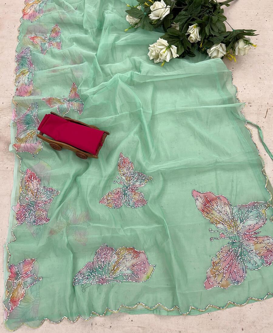 Symmetrical 1-Minute Ready To Wear Pista Organza Silk Saree