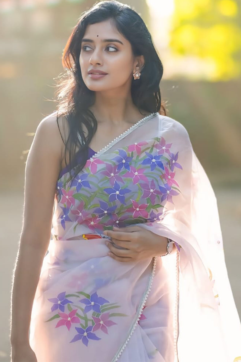 Impressive 1-Minute Ready To Wear Off White Organza Silk Saree