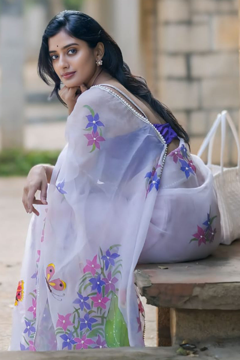 Impressive 1-Minute Ready To Wear Off White Organza Silk Saree