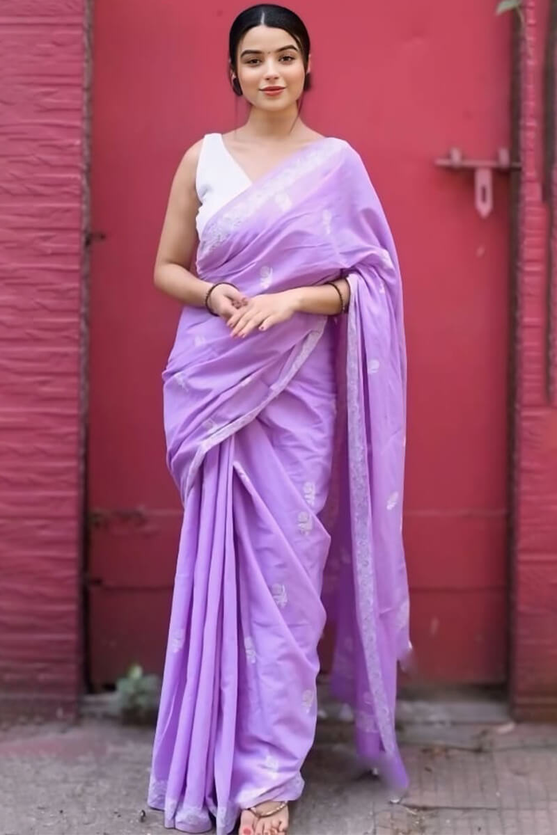 Deserving 1 Minute Ready To Wear Lavender Mul Cotton Digital Printed Saree With Pocket