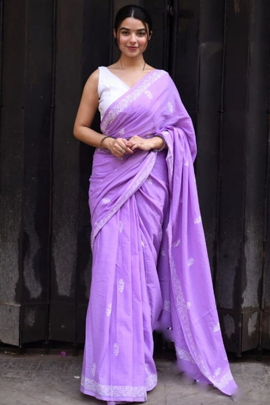 Deserving 1 Minute Ready To Wear Lavender Mul Cotton Digital Printed Saree With Pocket