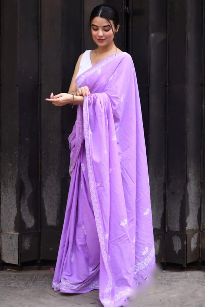 Deserving 1 Minute Ready To Wear Lavender Mul Cotton Digital Printed Saree With Pocket