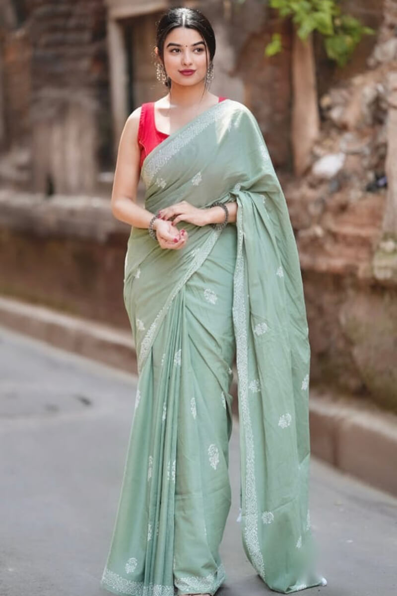 Breathtaking 1 Minute Ready To Wear Pista Mul Cotton Digital Printed Saree With Pocket