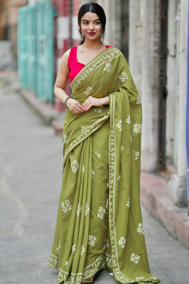 Confounding 1 Minute Ready To Wear Green Mul Cotton Digital Printed Saree With Pocket