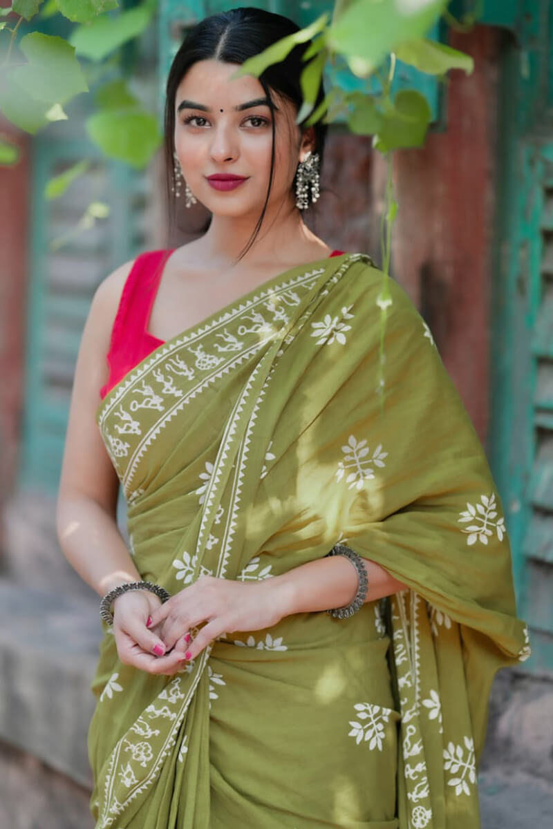 Confounding 1 Minute Ready To Wear Green Mul Cotton Digital Printed Saree With Pocket