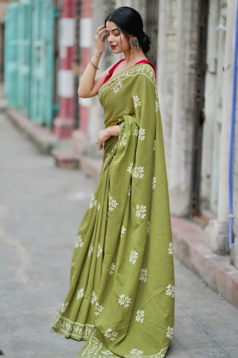 Confounding 1 Minute Ready To Wear Green Mul Cotton Digital Printed Saree With Pocket