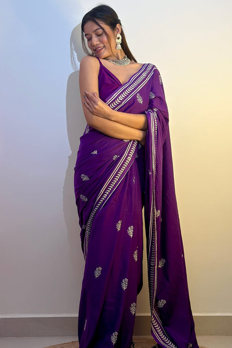 Zephyr 1 Minute Ready To Wear Purple Mul Cotton Digital Printed Saree With Pocket