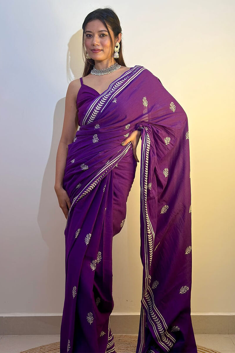 Zephyr 1 Minute Ready To Wear Purple Mul Cotton Digital Printed Saree With Pocket