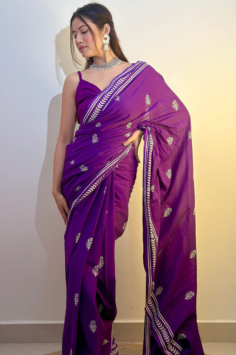 Zephyr 1 Minute Ready To Wear Purple Mul Cotton Digital Printed Saree With Pocket