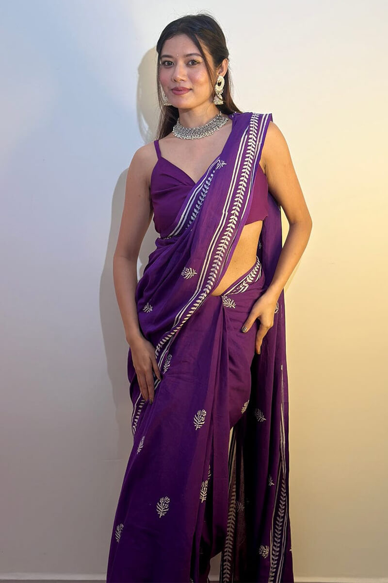 Zephyr 1 Minute Ready To Wear Purple Mul Cotton Digital Printed Saree With Pocket