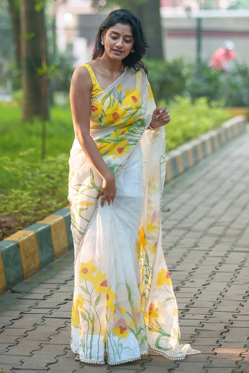 Engrossing 1-Minute Ready To Wear Off White Organza Silk Saree