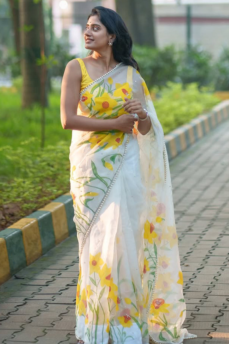 Engrossing 1-Minute Ready To Wear Off White Organza Silk Saree