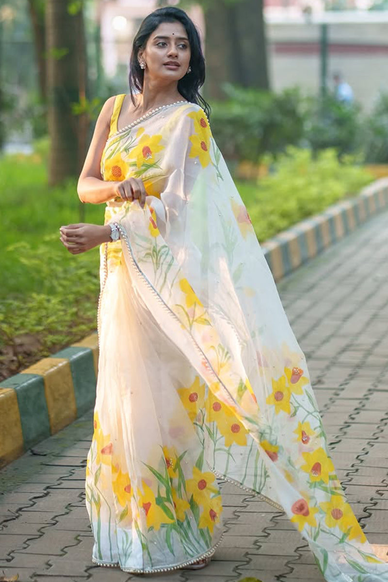 Engrossing 1-Minute Ready To Wear Off White Organza Silk Saree