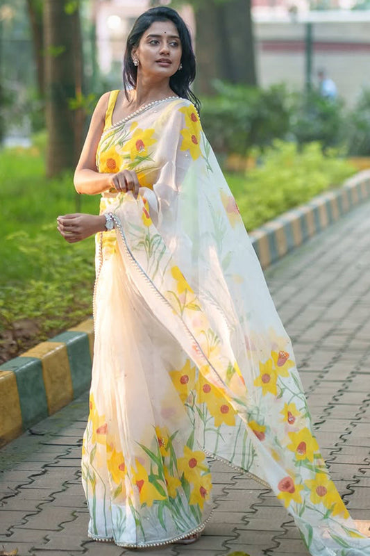 Engrossing 1-Minute Ready To Wear Off White Organza Silk Saree