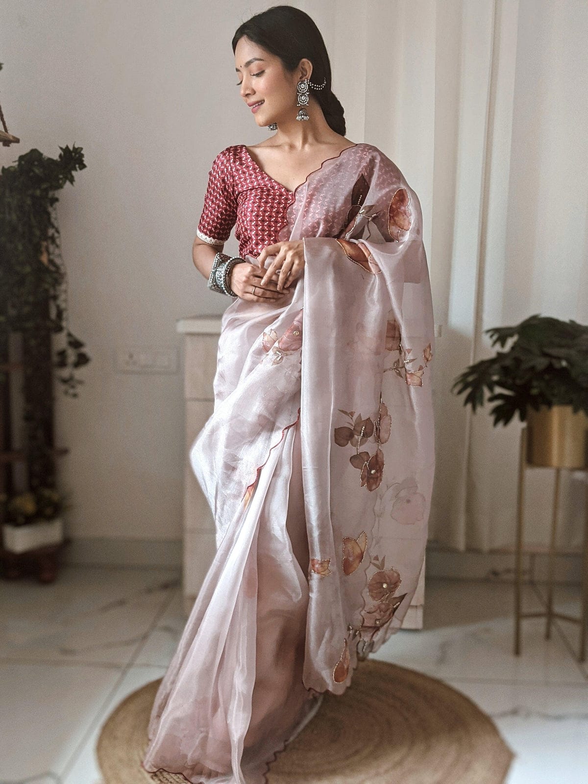 Enthralling 1-Minute Ready To Wear Baby Pink Organza Silk Saree