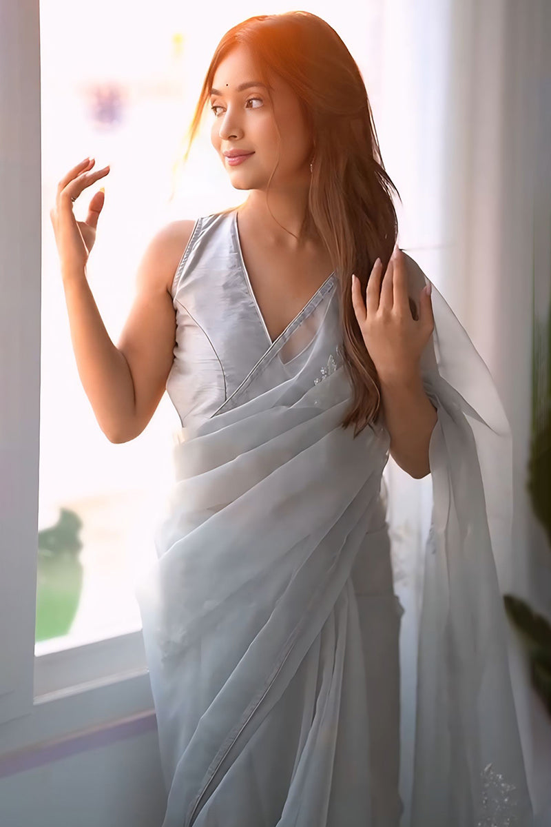 Posh 1-Minute Ready To Wear Grey Organza Silk Saree