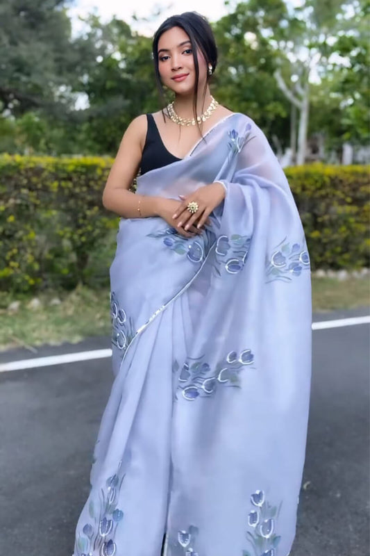 Vivacious 1-Minute Ready To Wear Grey Organza Silk Saree
