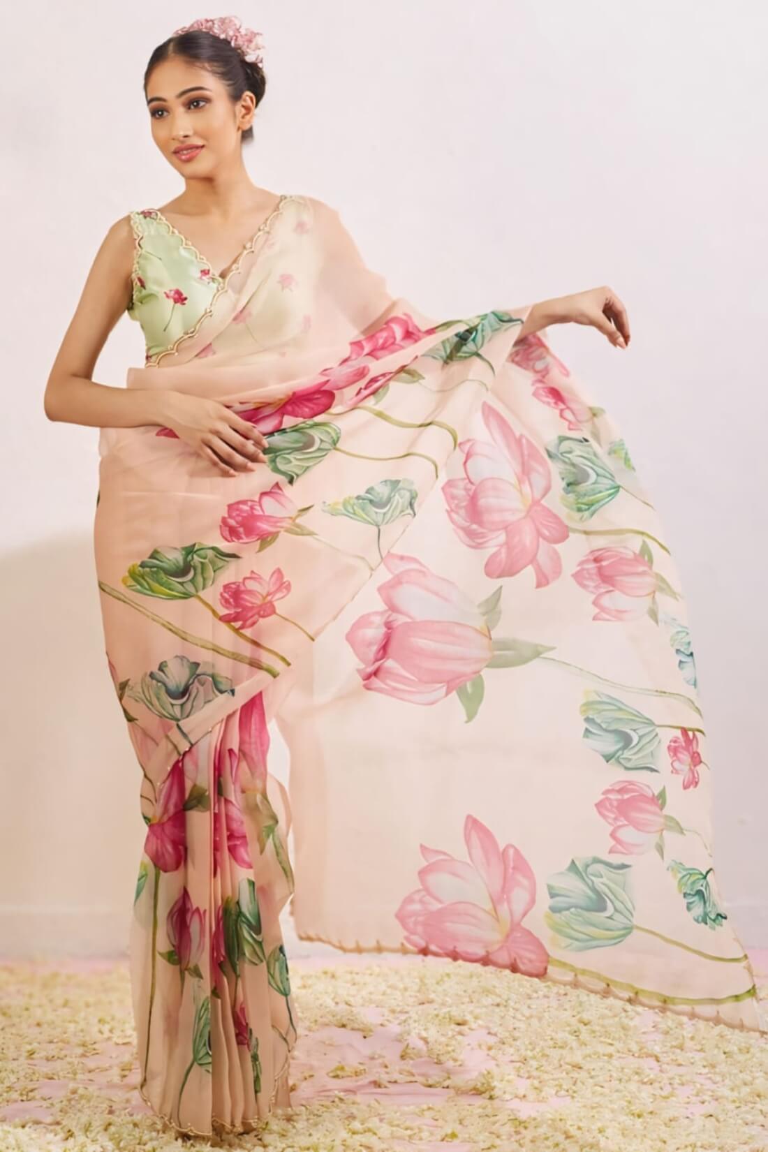 Deserving 1-Minute Ready To Wear Peach Organza Silk Saree