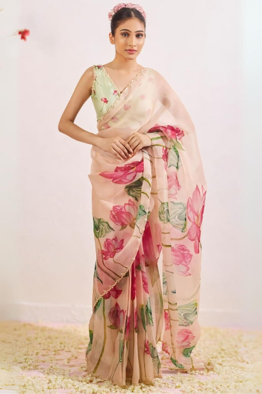 Deserving 1-Minute Ready To Wear Peach Organza Silk Saree