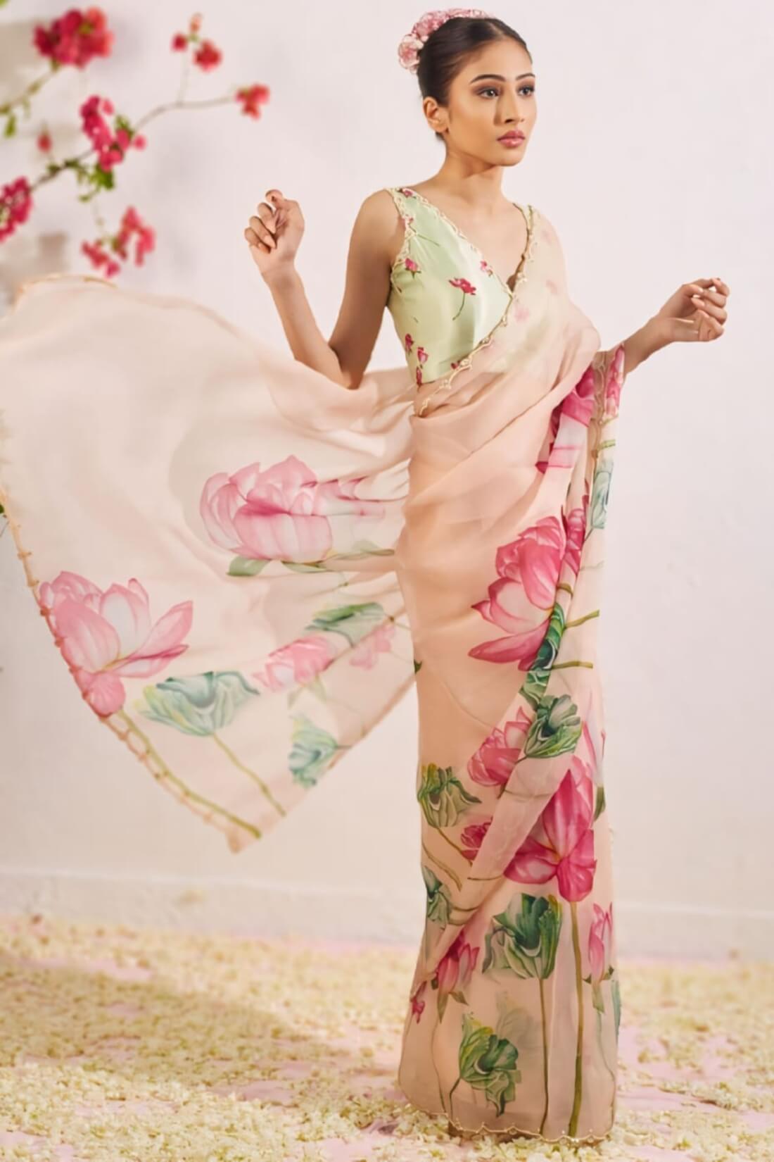 Deserving 1-Minute Ready To Wear Peach Organza Silk Saree