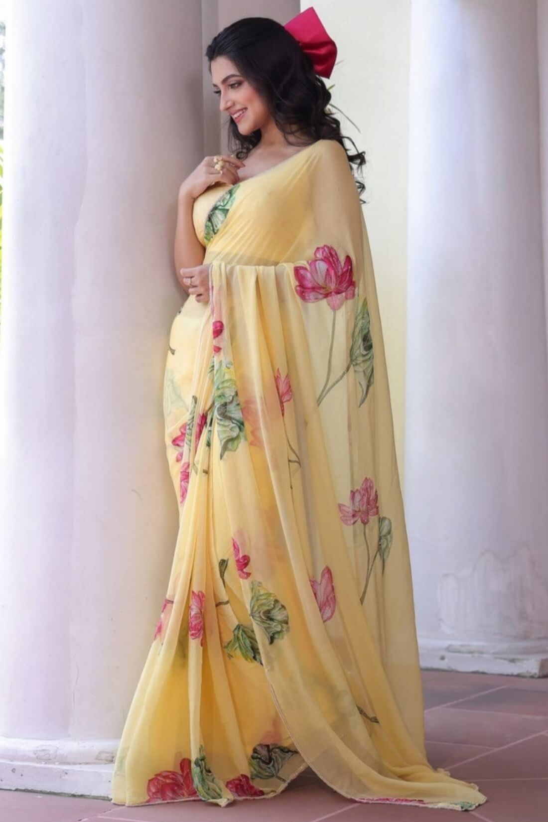 Efflorescence 1-Minute Ready To Wear Yellow Chiffon Silk Saree