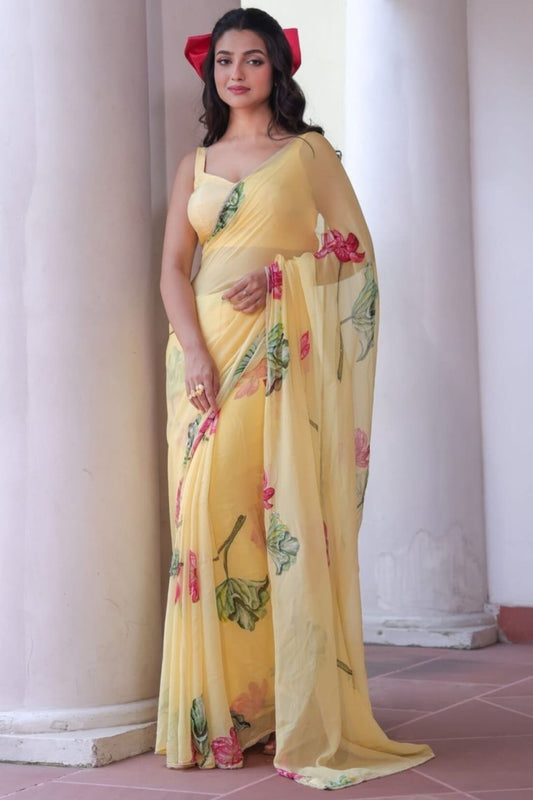 Efflorescence 1-Minute Ready To Wear Yellow Chiffon Silk Saree