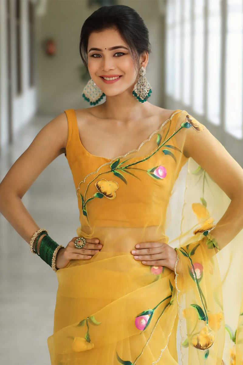 Fairytale 1-Minute Ready To Wear Yellow Organza Silk Saree