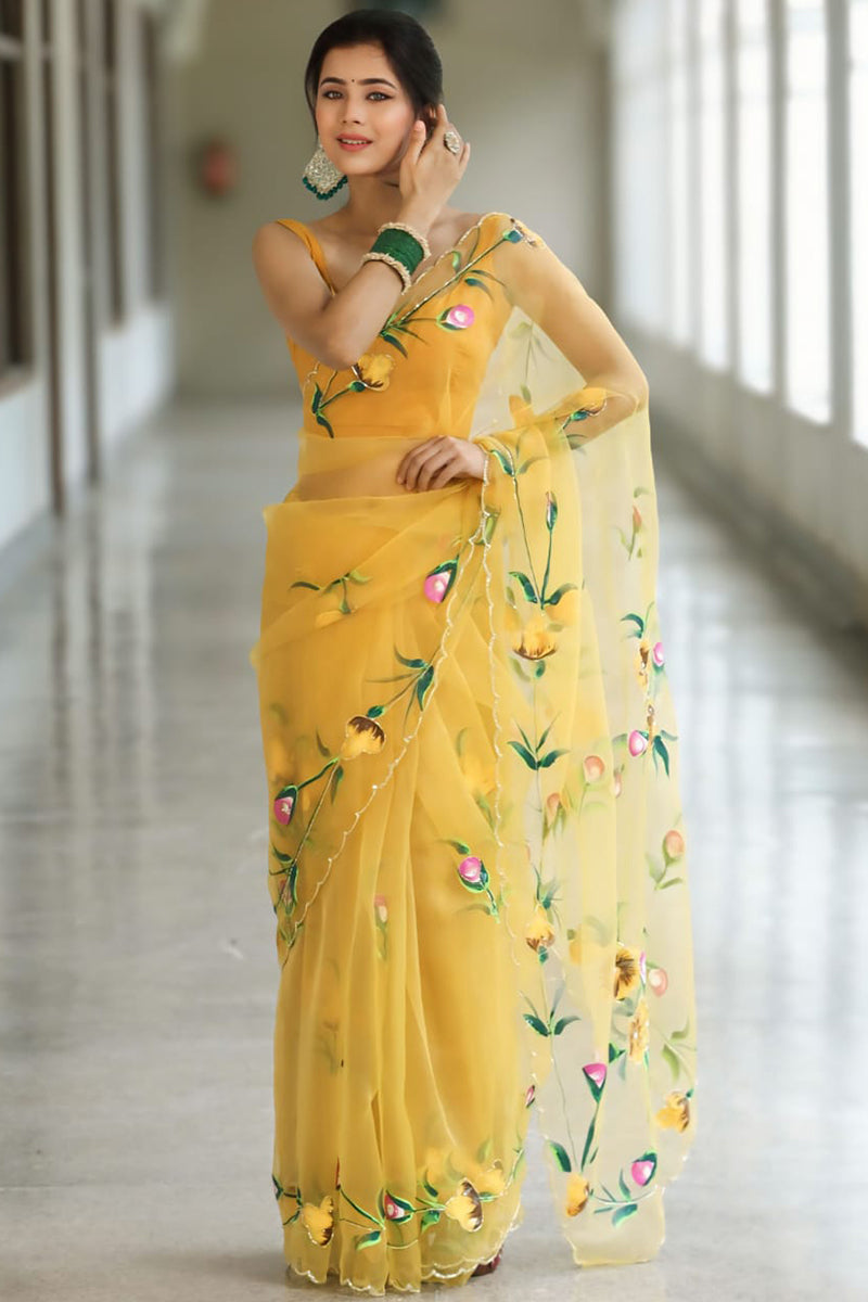 Fairytale 1-Minute Ready To Wear Yellow Organza Silk Saree