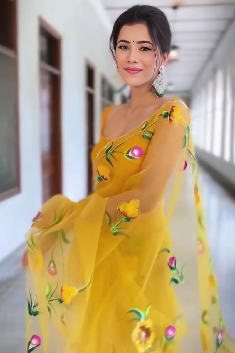Fairytale 1-Minute Ready To Wear Yellow Organza Silk Saree