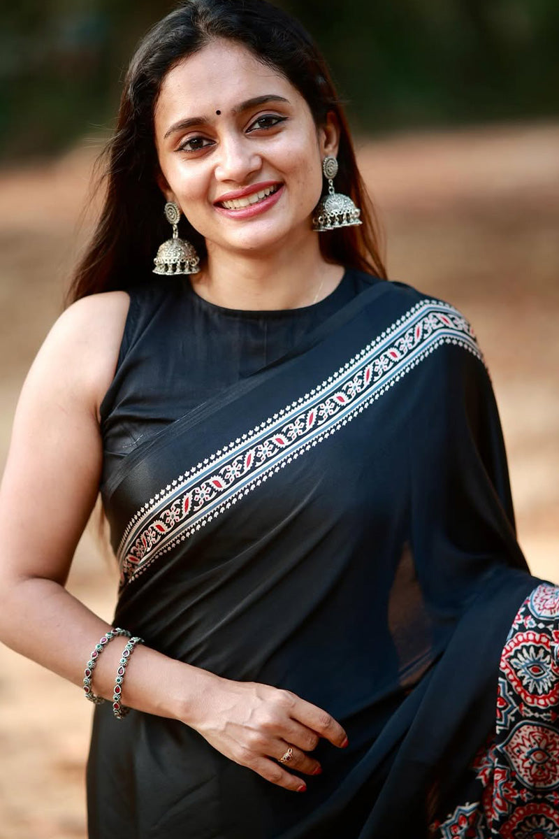 Ebullience Black 1 Minute Ready To Wear Digital Printed Crape Silk Saree