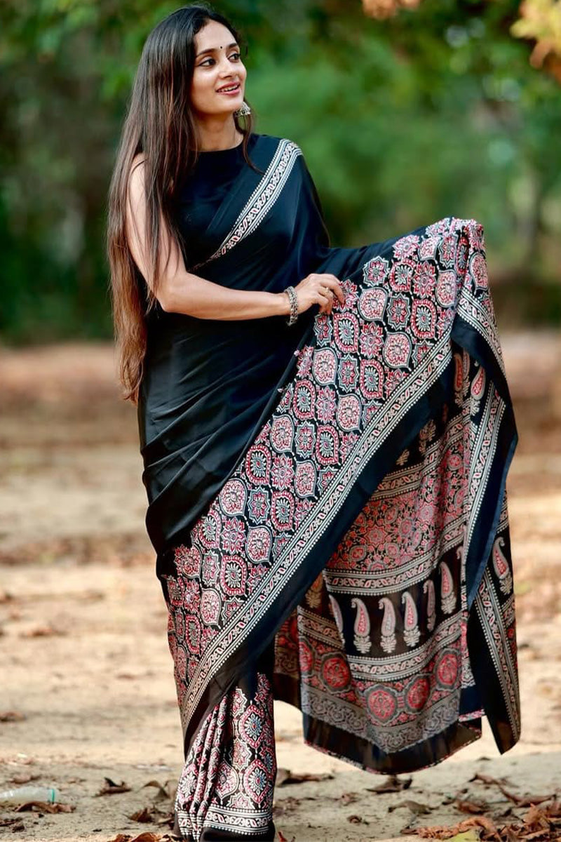 Ebullience Black 1 Minute Ready To Wear Digital Printed Crape Silk Saree