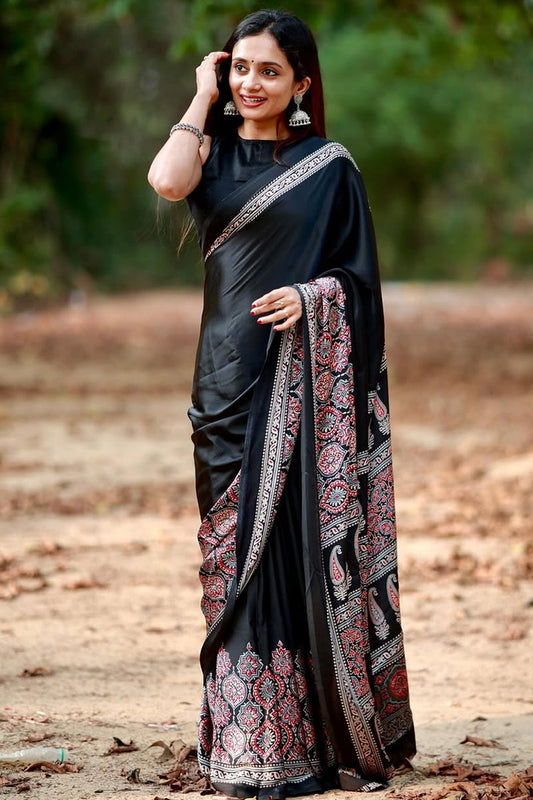 Ebullience Black 1 Minute Ready To Wear Digital Printed Crape Silk Saree