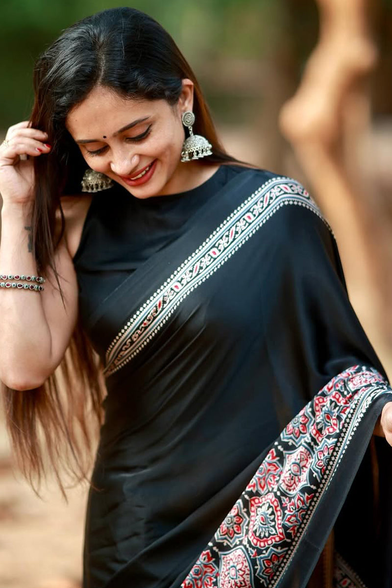 Ebullience Black 1 Minute Ready To Wear Digital Printed Crape Silk Saree