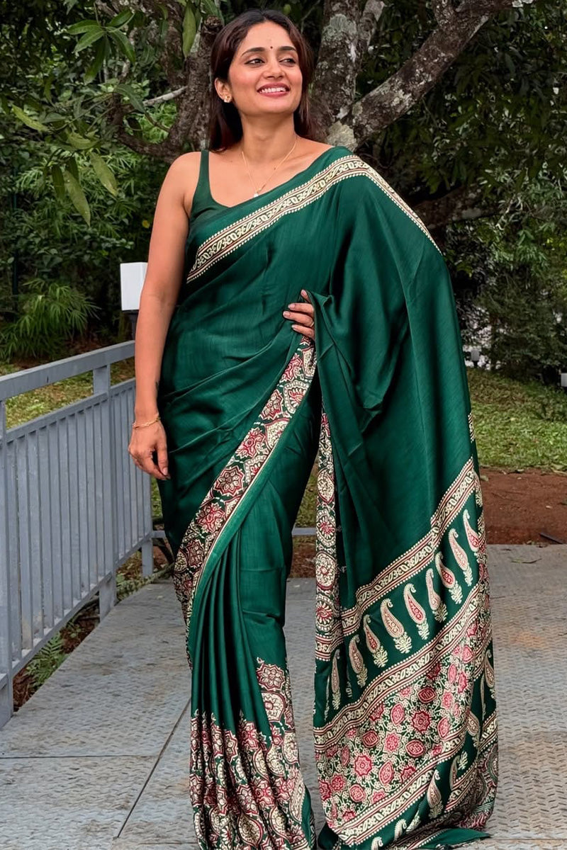 Alluring Dark Green 1 Minute Ready To Wear Digital Printed Crape Silk Saree
