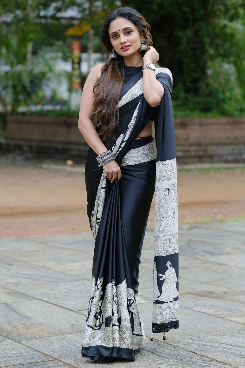 Appealing Black 1 Minute Ready To Wear Digital Printed Crape Silk Saree