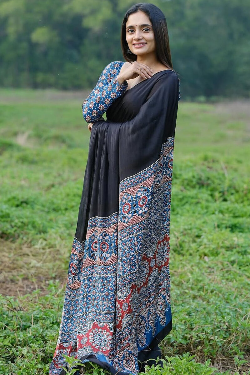 Skinny Black 1 Minute Ready To Wear Digital Printed Crape Silk Saree