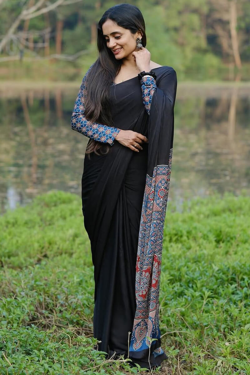 Skinny Black 1 Minute Ready To Wear Digital Printed Crape Silk Saree