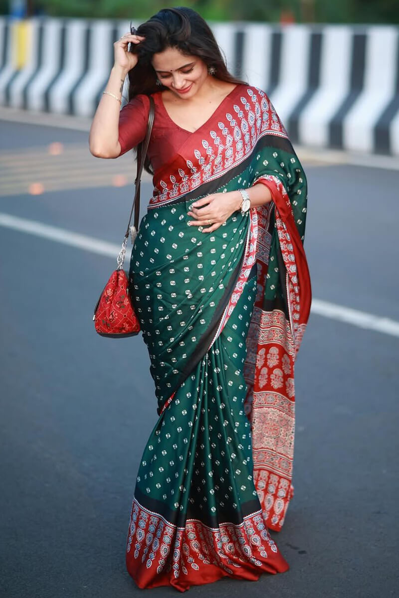 Grandiose Dark Green 1 Minute Ready To Wear Digital Printed Crape Silk Saree