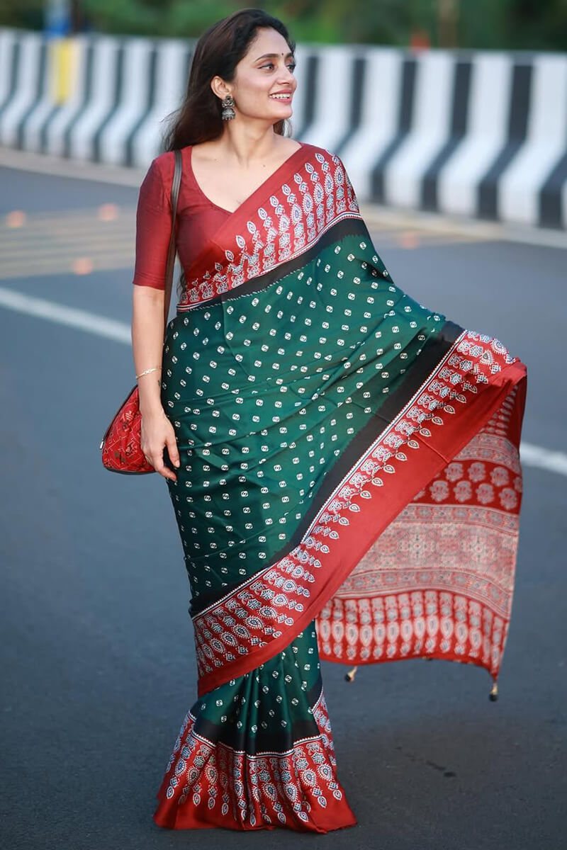 Grandiose Dark Green 1 Minute Ready To Wear Digital Printed Crape Silk Saree