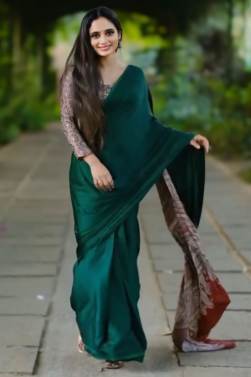 Symmetrical Dark Green 1 Minute Ready To Wear Digital Printed Crape Silk Saree