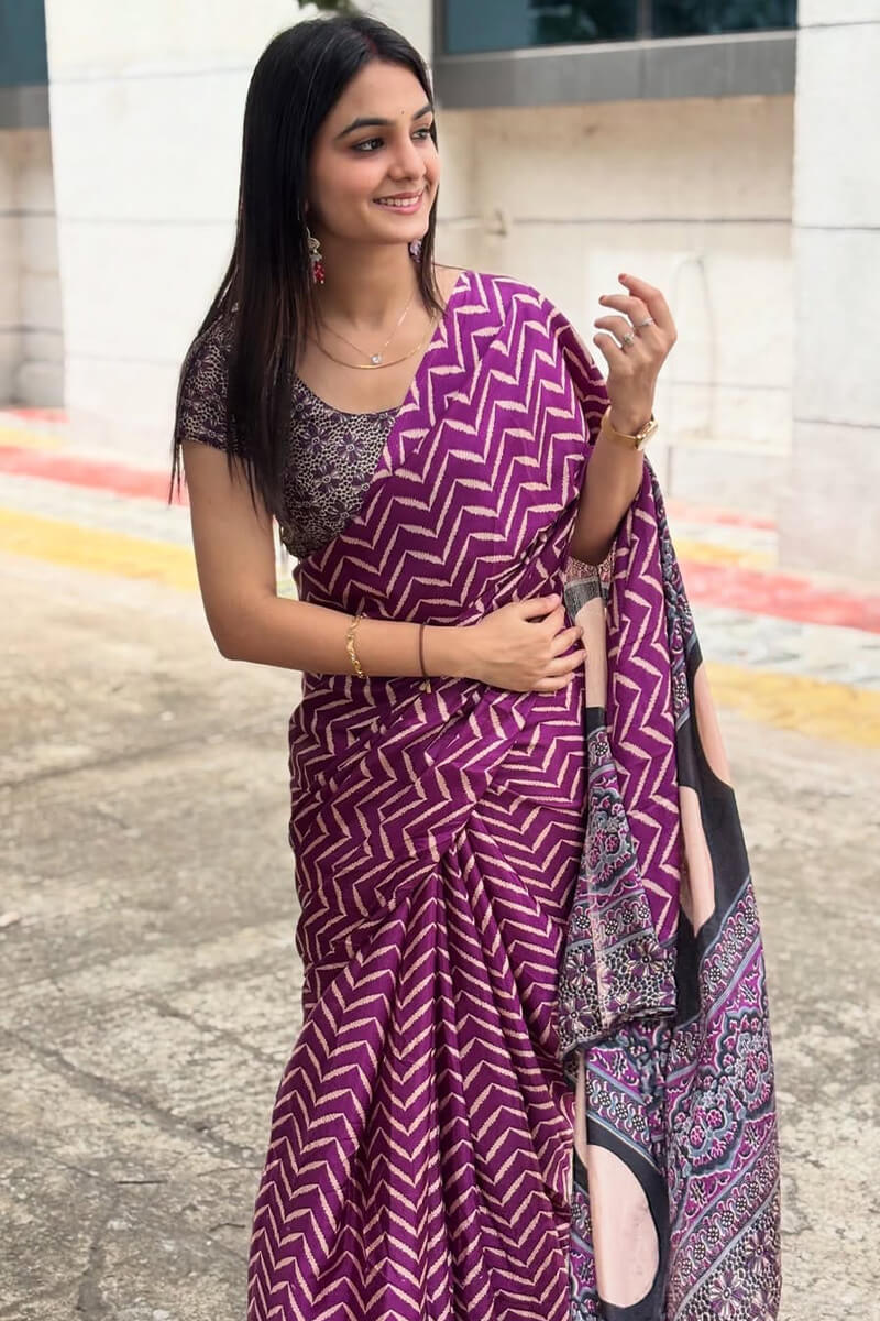 Sensational Purple 1 Minute Ready To Wear Digital Printed Crape Silk Saree